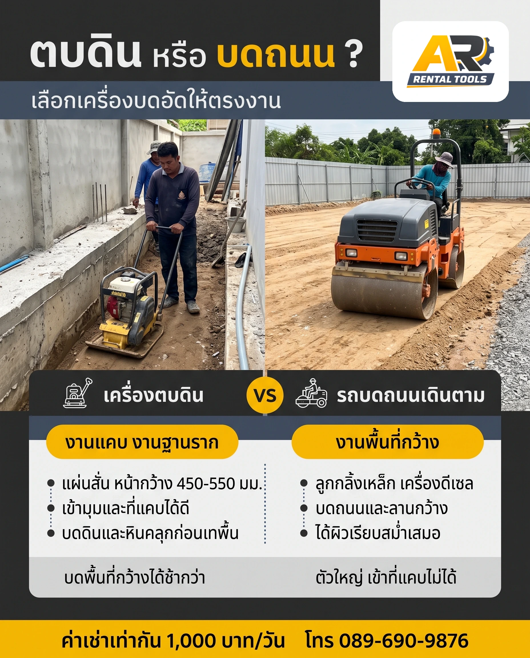 เช่าเครื่องตบดินในกรุงเทพฯ ฉบับครบ เลือกเครื่องตบดินหรือรถบดเดินตาม สเปก ราคา และวิธีบดให้แน่น